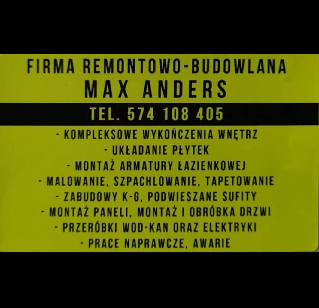 Żółta wizytówka firmy remontowo-budowlanej Max Anders z numerem telefonu i listą usług, w tym kompleksowe wykończenia wnętrz, układanie płytek, montaż armatury łazienkowej, malowanie, szpachlowanie...