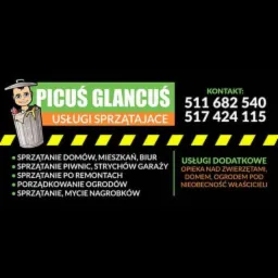 Grafika reklamowa firmy sprzątającej 'Picuś Glancuś' z kontaktem telefonicznym, oferującej sprzątanie domów, mieszkań, biur, piwnic, strychów, garaży, po remontach, porządkowanie ogrodów...