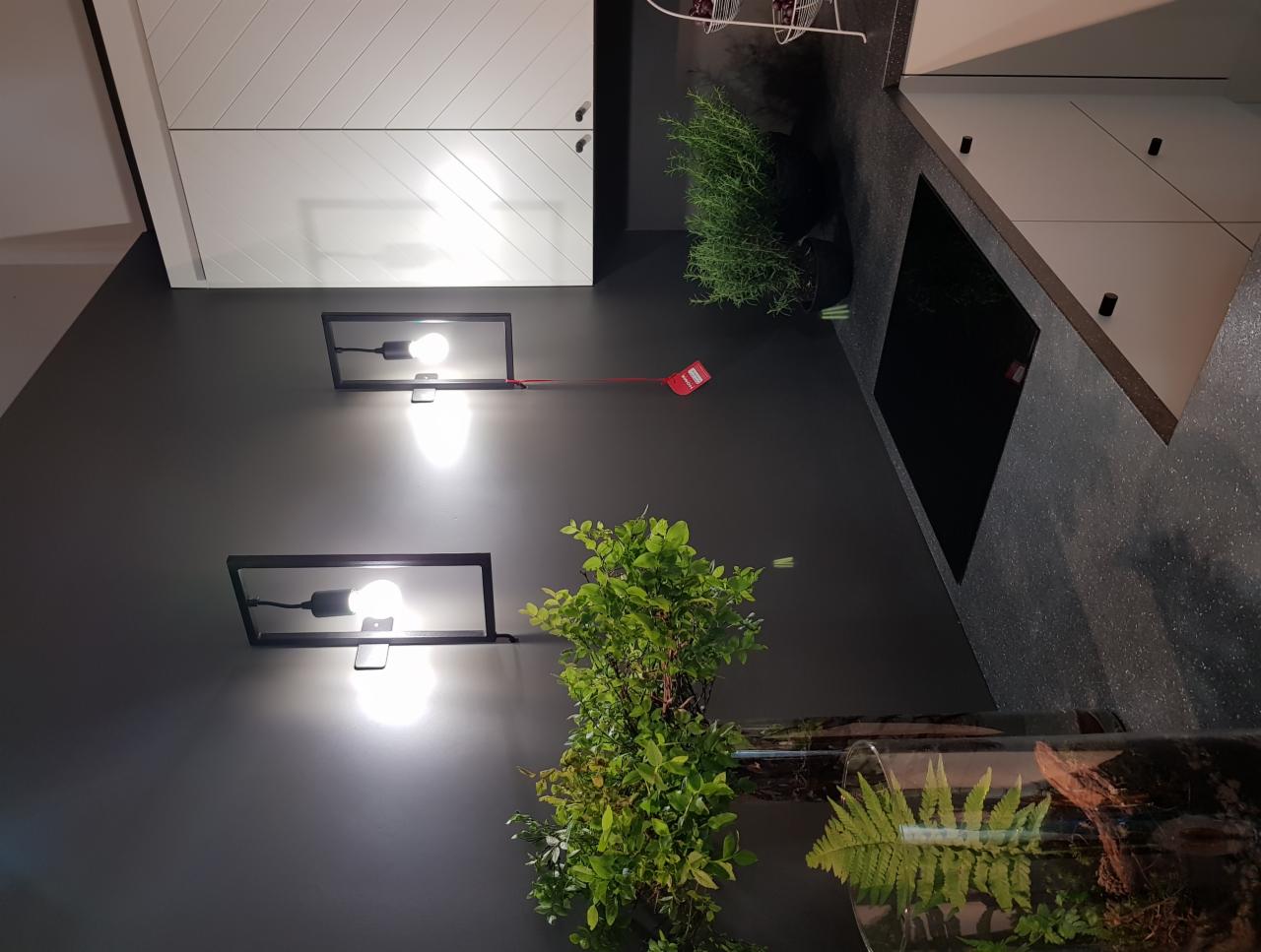 Szare ściany kuchni z białymi szafkami górnymi, czarnym blatem i czarną płytą indukcyjną, oświetlone dwoma nowoczesnymi lampami ściennymi i dekorowane zielonymi roślinami w doniczkach i szklanym...