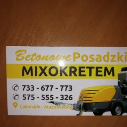 Wizytówka firmy oferującej betonowe posadzki mixokretem, z numerami telefonów i informacją o obszarze działania: Lubelskie - Mazowieckie, obok grafika mixokreta.