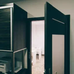 Wnętrze gabinetu z biurkiem i krzesłami widoczne przez otwarte drzwi, obok szafa z przesuwnymi drzwiami i drukarka na biurku.