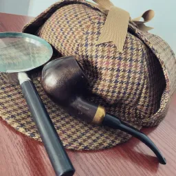 Lupa, fajka i kraciasta czapka Deerstalker leżą na drewnianym stole, sugerując klimat śledztwa.