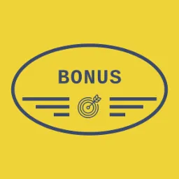 Grafika bonusu: owalny kształt z napisem 'BONUS', ikoną tarczy strzelniczej z strzałą i poziomymi liniami po bokach, wszystko w kolorze granatowym na żółtym tle.
