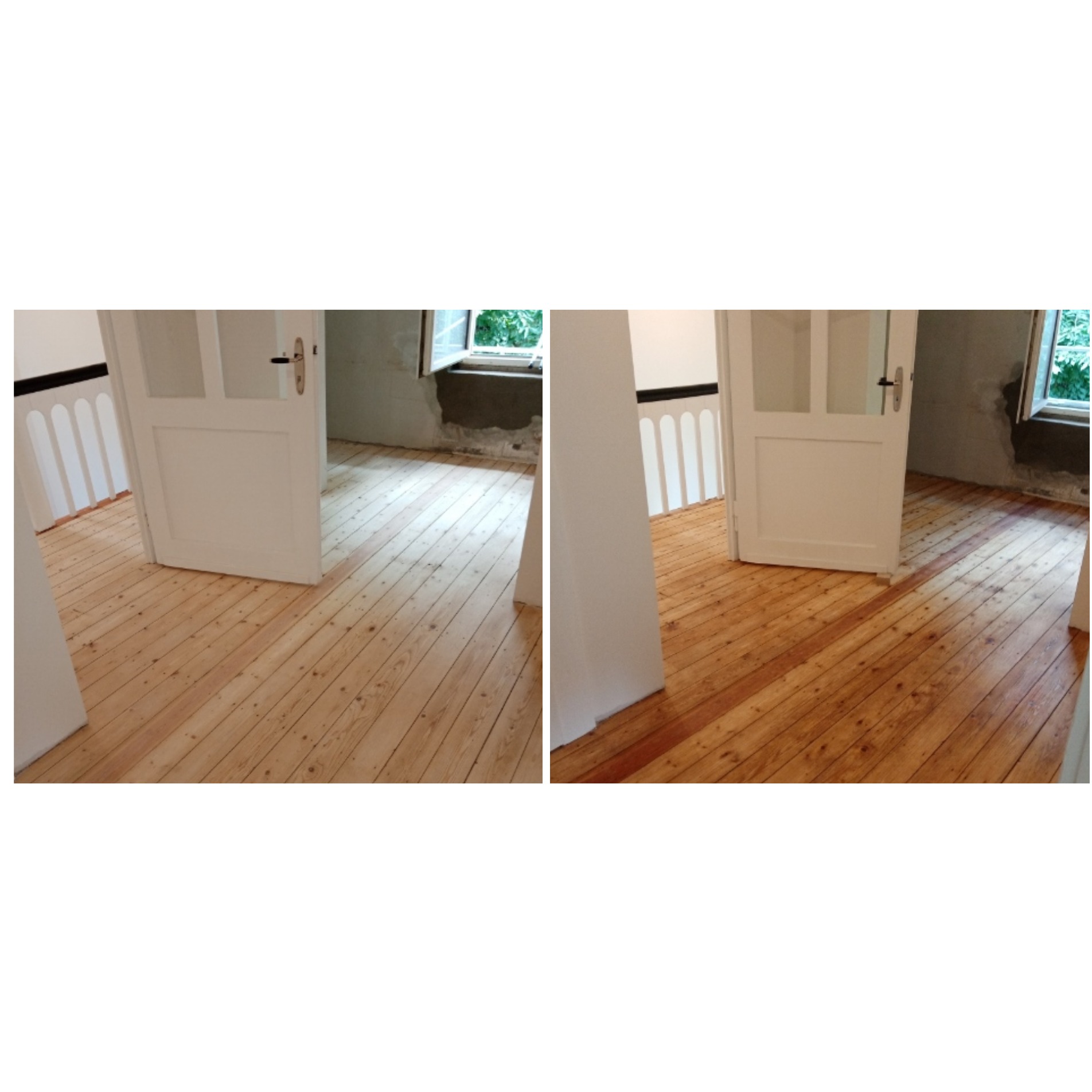 Dwa ujęcia tego samego pokoju: po lewej surowa drewniana podłoga, po prawej podłoga po lakierowaniu, białe drzwi wewnętrzne z przeszkleniami, fragment balustrady schodów.