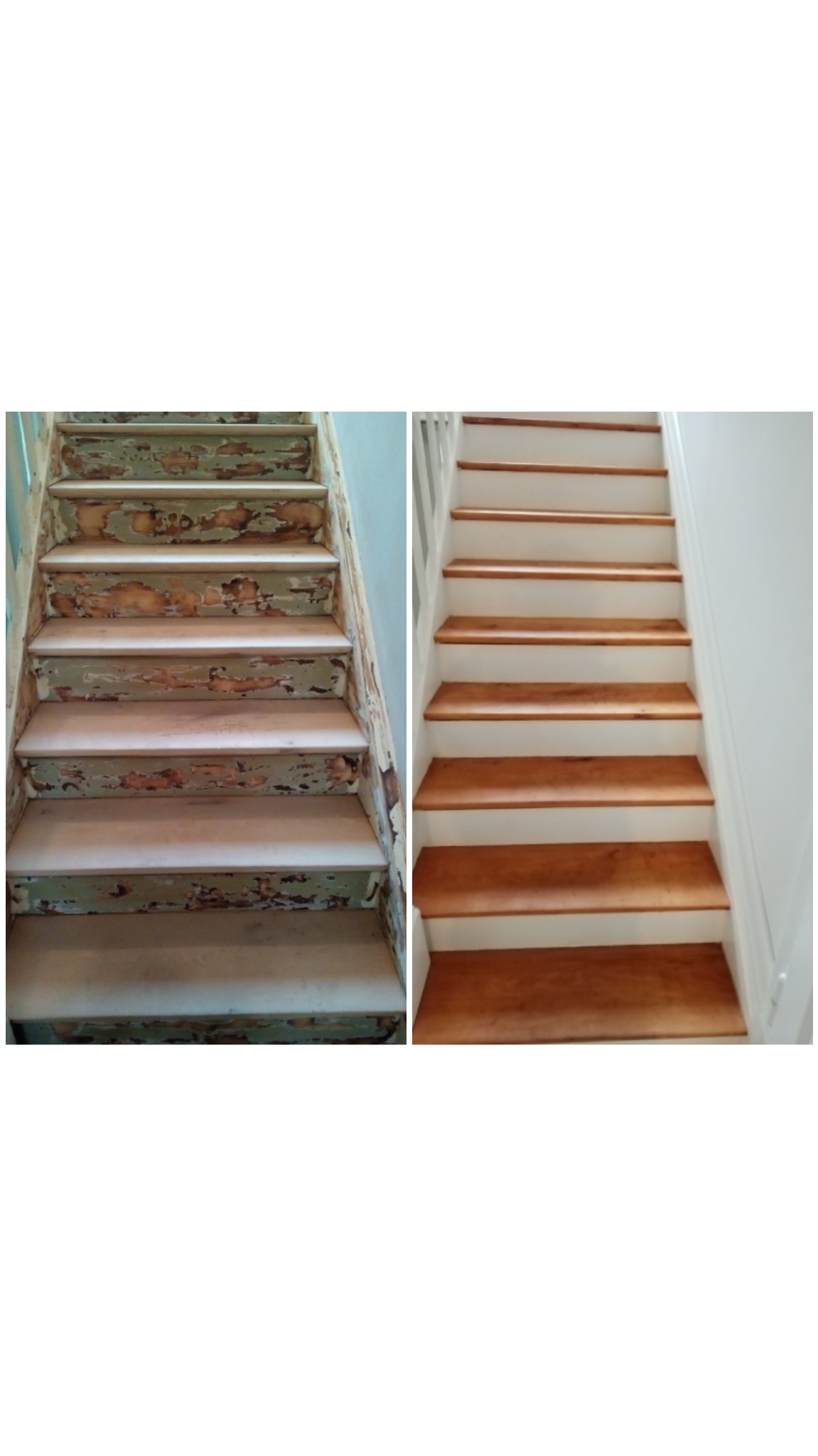 Porównanie schodów przed i po renowacji: po lewej schody z łuszczącą się farbą, po prawej odnowione drewniane stopnie z białymi podstopnicami i listwami.