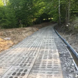 Ułożona droga z ażurowych płyt betonowych prowadząca przez teren zielony, z widocznym korytkiem odwadniającym po prawej stronie.