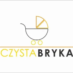 Logo firmy 'Czysta Bryka' przedstawiające stylizowany wózek dziecięcy w kolorach czarnym i żółtym.
