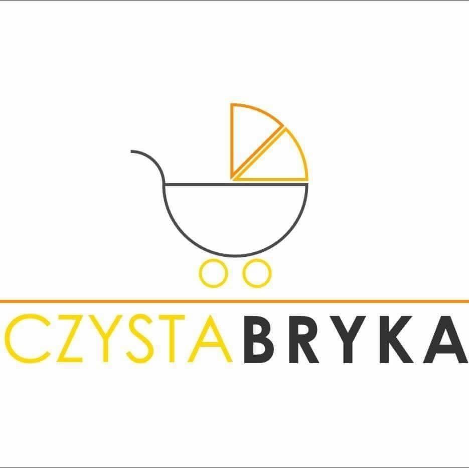 Logo firmy 'Czysta Bryka' przedstawiające stylizowany wózek dziecięcy w kolorach czarnym i żółtym.