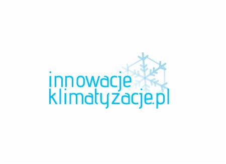 Logo firmy z niebieskim napisem 'innowacje klimatyzacje.pl' i stylizowaną, częściowo przezroczystą śnieżynką w tle.