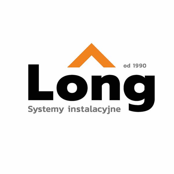 Logo firmy Long Systemy Instalacyjne od 1990 roku z pomarańczowym symbolem dachu.