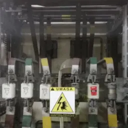 Rozdzielnica elektryczna z bezpiecznikami, oznaczeniami kolorystycznymi i tabliczką ostrzegawczą przed porażeniem prądem, numer identyfikacyjny '13' u góry.