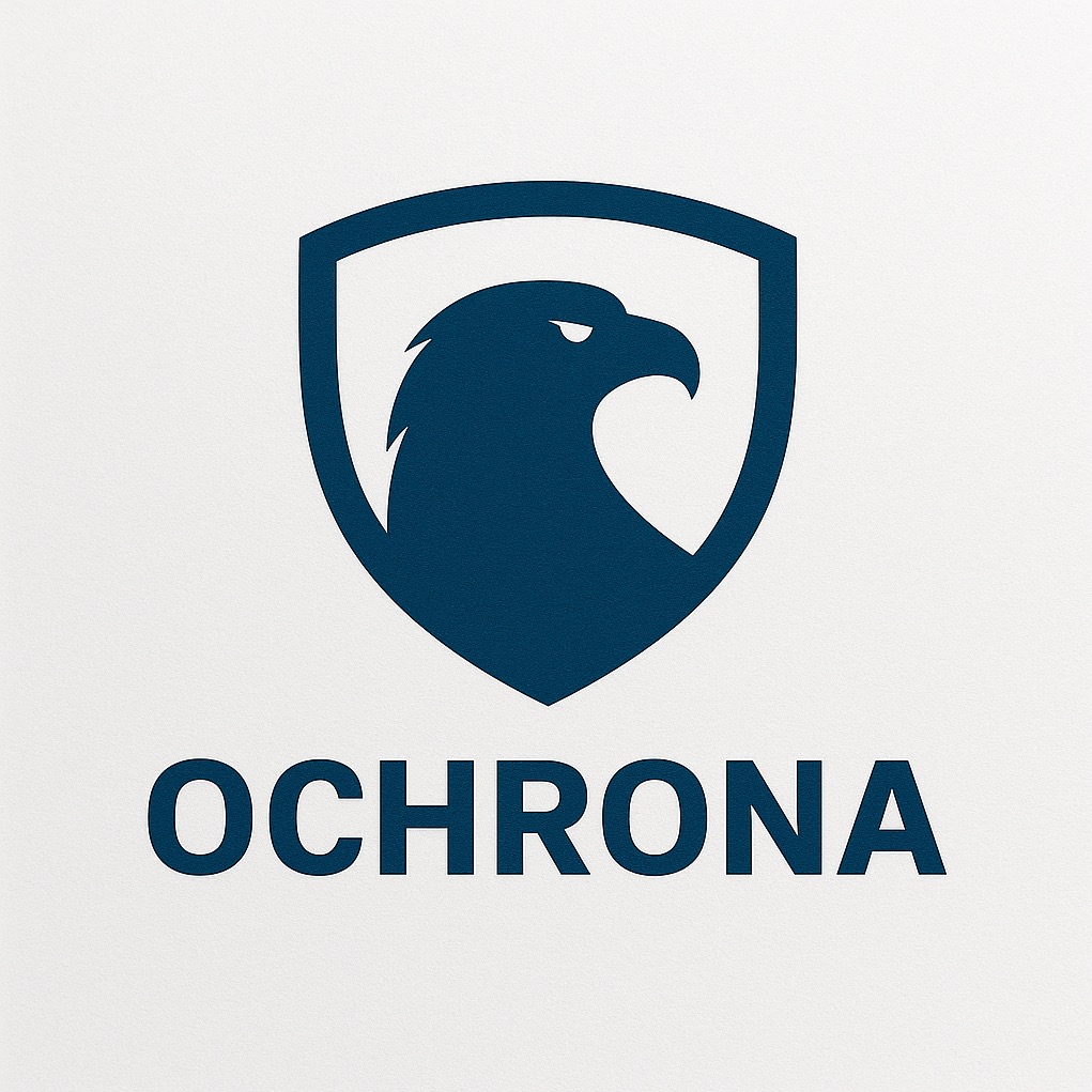 Logo firmy ochroniarskiej: granatowy orzeł w tarczy, napis 'OCHRONA' na białym tle. Minimalistyczny design, wyraźny symbol.