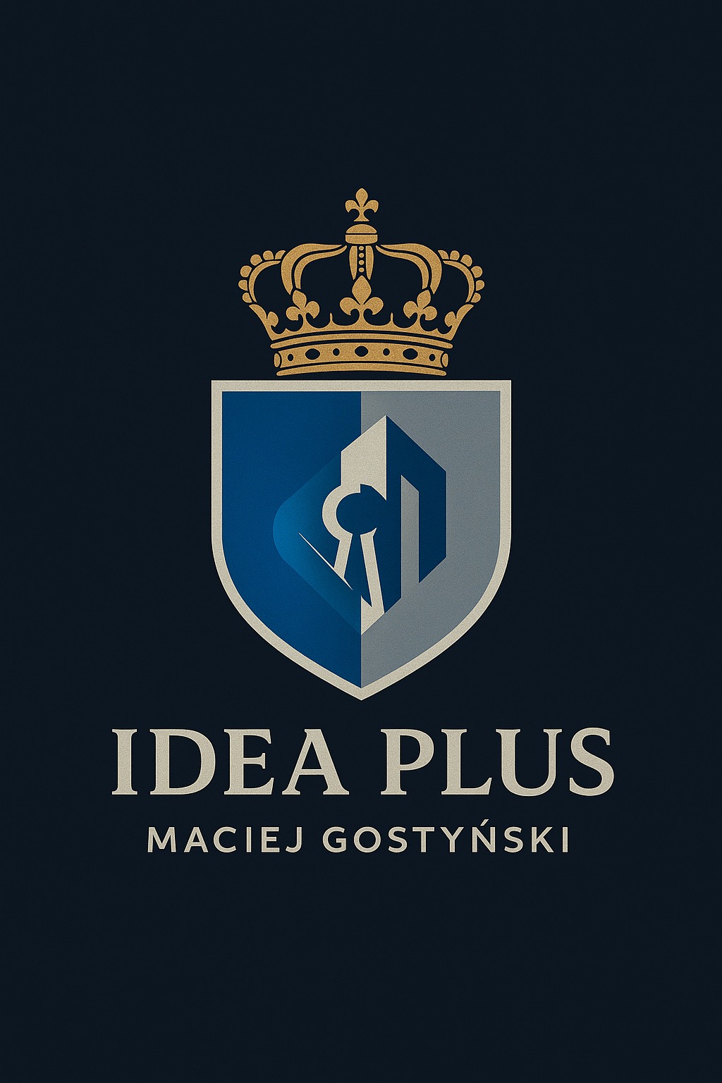 Eleganckie logo Idea Plus Maciej Gostyński: złota korona nad tarczą herbową w odcieniach szarości i błękitu, z symbolem klucza w nowoczesnym budynku na ciemnym tle.