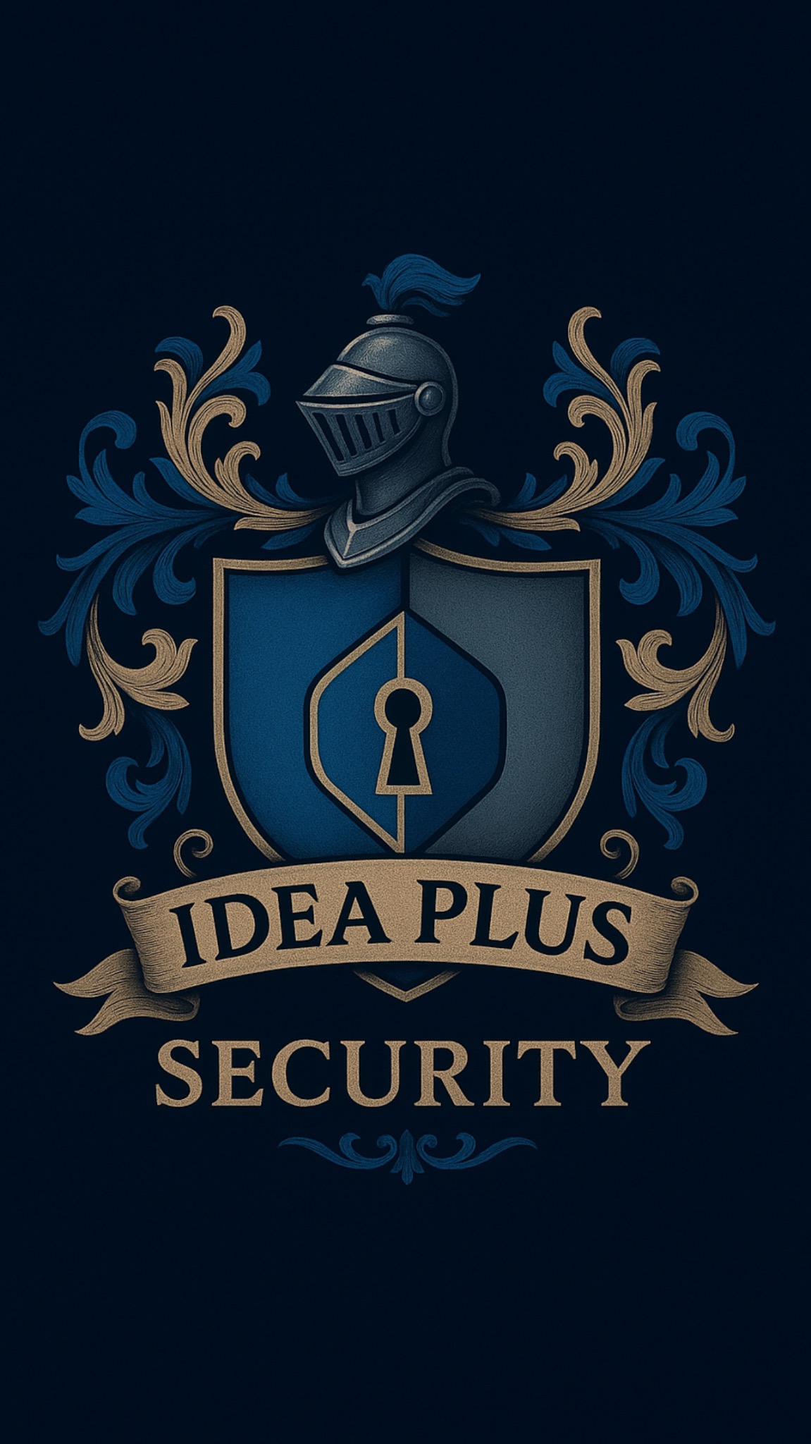 Ilustracja herbu z hełmem rycerskim, tarczą z dziurką od klucza i napisem 'IDEA PLUS SECURITY' na wstędze, utrzymana w ciemnej tonacji z elementami złota i błękitu.
