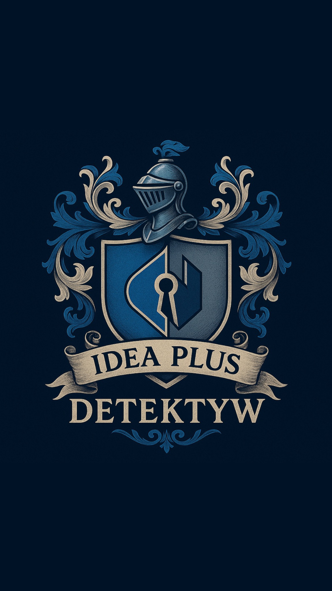 Ilustracja herbu z hełmem rycerskim, ornamentami i napisem 'IDEA PLUS DETEKTYW' na ciemnoniebieskim tle. Logo firmy detektywistycznej w stylu vintage.