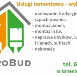 Grafika z logo firmy LB ProBud oferującej usługi remontowo-wykończeniowe, w tym malowanie, szpachlowanie, montaż paneli i listew oraz naprawę ubytków.