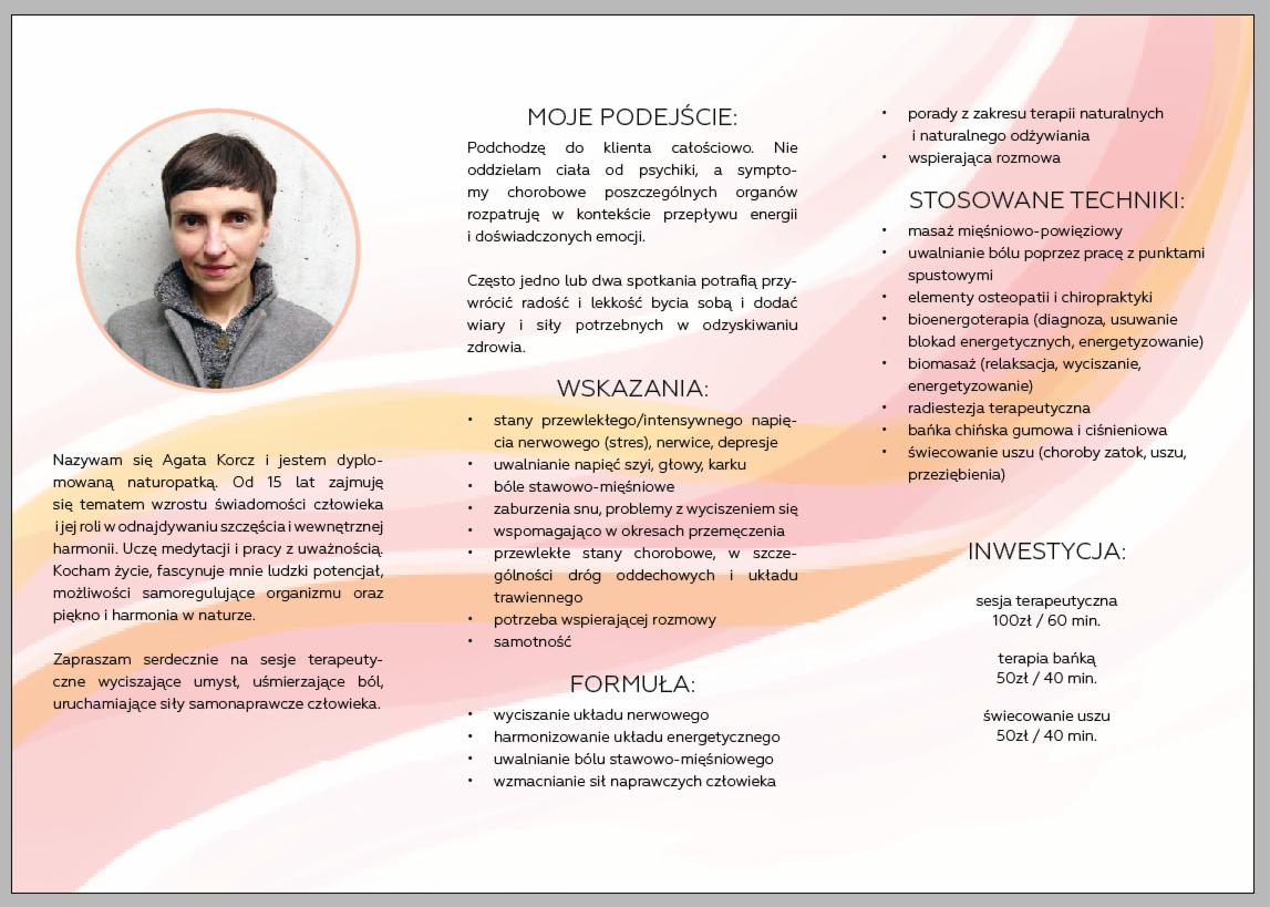 Uśmiechnięta dyplomowana naturopatka Agata Korcz w okrągłej ramce, obok tekstu o jej podejściu, wskazaniach, stosowanych technikach i cenach sesji terapeutycznych.