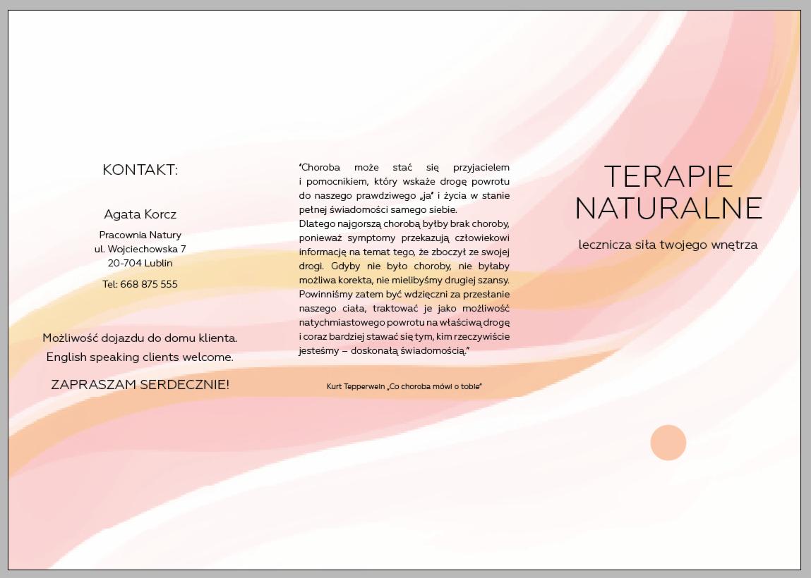Ulotka reklamowa Pracowni Natury Agaty Korcz z Lublina, oferującej terapie naturalne, z adresem, numerem telefonu i cytatem Kurta Tepperweina.