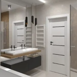 Nowoczesna łazienka z drewnopodobną mozaiką na ścianach, podwójną umywalką na drewnianym blacie i czarną szafką wiszącą, białe drzwi z poziomymi czarnymi paskami, szklana kabina prysznicowa.