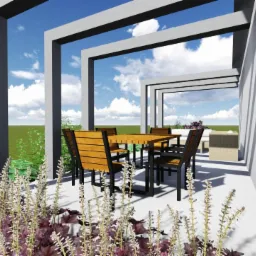 Wizualizacja 3D nowoczesnego tarasu w Olszanicy z minimalistyczną pergolą, drewnianym stołem i krzesłami, oraz roślinami w pierwszym planie, ukazująca integrację przestrzeni mieszkalnej z ogrodem.