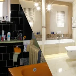 Por&oacute;wnanie wizualizacji 3D odnowionej łazienki z jej stanem przed remontem: po lewej stronie ciemne płytki i pomarańczowa umywalka, po prawej jasne płytki, biała umywalka i nowoczesne oświetlenie.