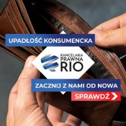 Otwarty, pusty, brązowy portfel skórzany trzymany w dłoni, z widocznym logo kancelarii prawnej RIO i hasłami o upadłości konsumenckiej i nowym początku.