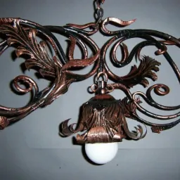 Kuta lampa sufitowa z metalu w kolorach czerni i miedzi, z motywem roślinnym i kulistym kloszem