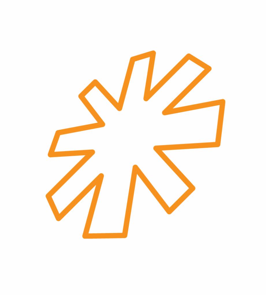 Pomarańczowy, geometryczny symbol przypominający wybuch lub gwiazdę, na białym tle.