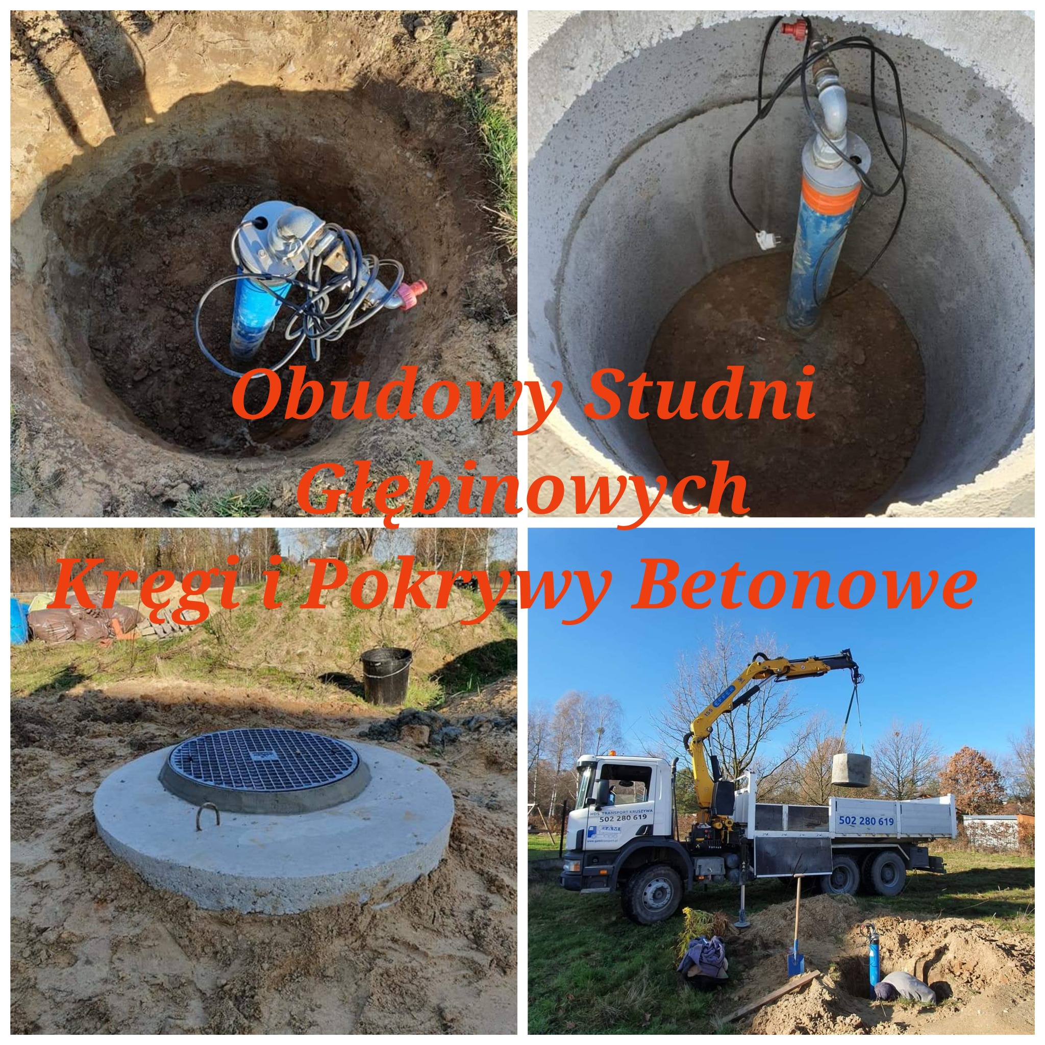 Cztery kadry: wykop z pompą głębinową, studnia betonowa z pompą, betonowa pokrywa studni z kratą na piasku, ciężarówka z dźwigiem podnosząca betonowy element studni.