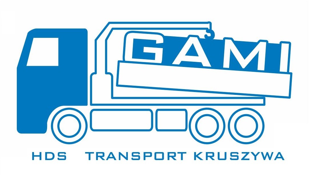 Niebieski schematyczny rysunek ciężarówki typu wywrotka z napisem 'GAMI HDS TRANSPORT KRUSZYWA' na białym tle.