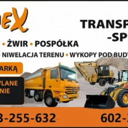 Grafika reklamowa firmy Jukomex oferującej usługi transportowo-sprzętowe, roboty ziemne, niwelację terenu, wykopy pod budynki, usługi minikoparką, rozbiórki budowlane oraz zimowe utrzymanie dróg...