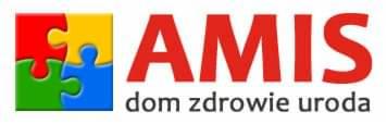 Kolorowe logo AMIS z puzzli i czerwonym napisem 'AMIS dom zdrowie uroda' na białym tle. Grafika z elementami zdrowia, urody i domu.