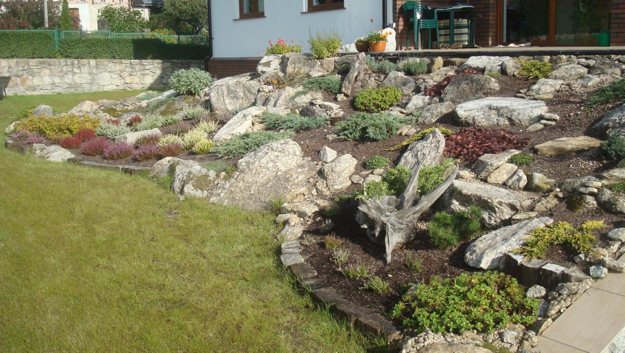 Ogród skalny z różnorodną roślinnością, dużymi kamieniami i elementami drewna, na tle domu z tarasem.