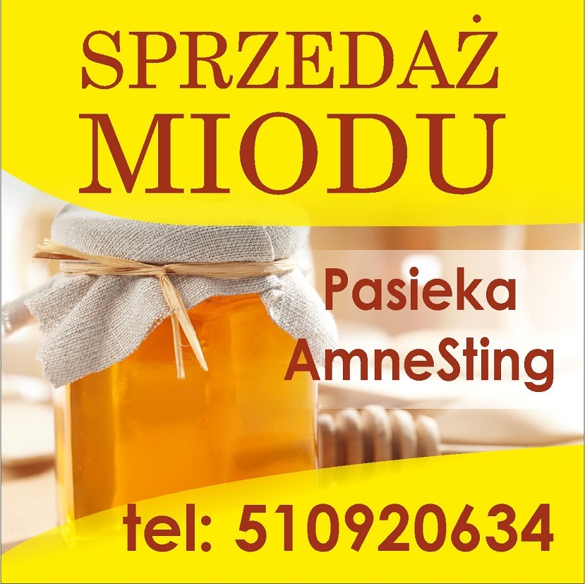Słoik z miodem zakryty materiałem i przewiązany sznurkiem, obok nabierak do miodu, napis 'Sprzedaż' nad słoikiem, napis 'Pasieka AmneSting' na tle słoika, numer telefonu w dolnej części zdjęcia.