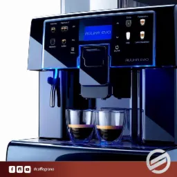 Profesjonalny ekspres do kawy Aulika Evo w kolorze czarnym, podświetlony na niebiesko, z dwiema szklankami espresso na tacce, gotowy do użycia.