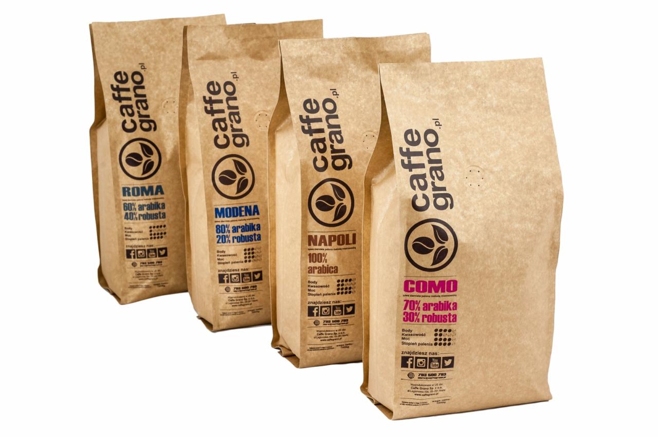 Cztery brązowe, papierowe opakowania kawy Caffe Grano z różnymi mieszankami: Roma (60% arabica, 40% robusta), Modena (80% arabica, 20% robusta), Napoli (100% arabica) i Como (70% arabica, 30%...