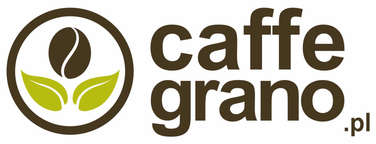 Logo Caffe Grano z ziarnem kawy i liśćmi w okręgu, obok nazwa firmy i domena .pl, brązowo-zielona kolorystyka.