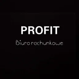 Grafika z napisem 'PROFIT' dużymi białymi literami nad napisem 'Biuro rachunkowe' mniejszą czcionką, wszystko na czarnym tle.