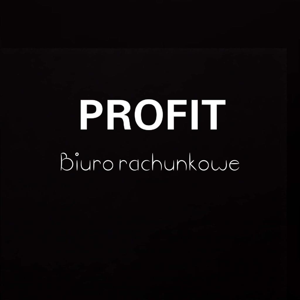 Grafika z napisem 'PROFIT' dużymi białymi literami nad napisem 'Biuro rachunkowe' mniejszą czcionką, wszystko na czarnym tle.