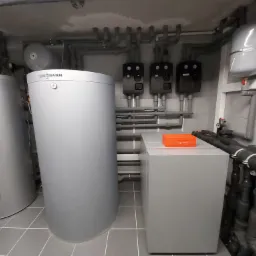 Kompletna instalacja kotłowni z dwoma srebrnymi zasobnikami Viessmann, buforem z pomarańczowym sterownikiem i rozbudowaną siecią rur w szarej kotłowni wyłożonej płytkami.