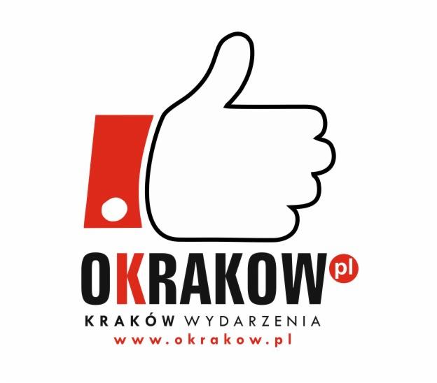 Logo serwisu OKRAKOW.pl z symbolem kciuka w górę, promującego wydarzenia w Krakowie. Czerwony element graficzny i czarny napis na białym tle.