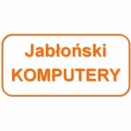 Pomarańczowy logotyp firmy komputerowej Jabłoński Komputery na białym tle, w zaokrąglonym prostokącie z pomarańczową obwódką, z delikatnym cieniem.