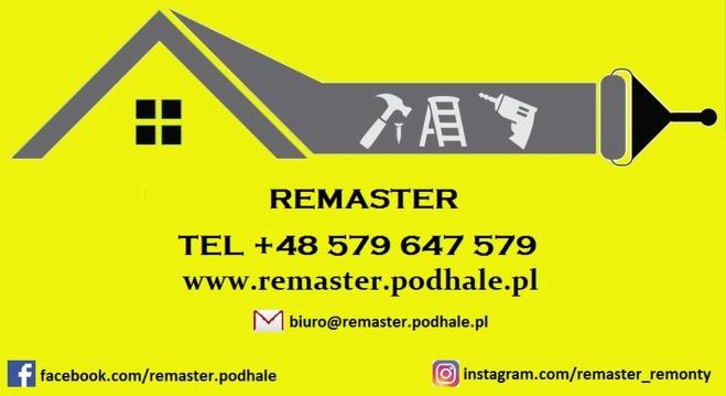 Żółte tło z szarym logo firmy Remaster, przedstawiającym zarys domu i wałek do malowania z ikonami narzędzi: młotka, drabiny i wiertarki, oraz dane kontaktowe: numer telefonu, adres strony...