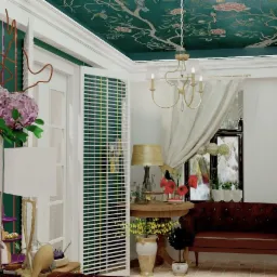 Wnętrze pokoju z zielonymi ścianami i ozdobnym sufitem, bukiet hortensji w szklanym wazonie, mała okrągła ława, bordowa sofa i żyrandol w stylu retro.