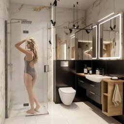 STUDIO INDYWIDUALNYCH INSPIRACJI ARTbis DESIGN Projekty Wnętrz i Elewacji Joanna Wal - Nowoczesna łazienka z kabiną prysznicową typu walk-in, marmurowymi płytkami i oświetleniem LED. Kobieta pod prysznicem, widok z boku. Minimalistyczny design.