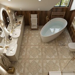 STUDIO INDYWIDUALNYCH INSPIRACJI ARTbis DESIGN Projekty Wnętrz i Elewacji Joanna Wal - Luksusowa łazienka z wolnostojącą wanną, podświetlanymi lustrami i beżowymi płytkami podłogowymi. Widok z góry ukazuje przestronność i elegancję wnętrza.