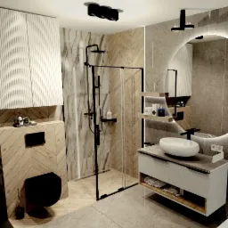 Nowoczesna łazienka z kabiną prysznicową typu walk-in, umywalką nablatową na szafce z półkami na ręczniki, okrągłym lustrem z podświetleniem LED i panelami ściennymi w geometryczny wzór jodełki.