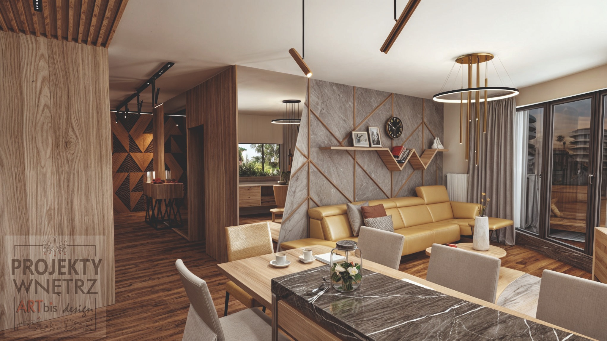 Wizualizacja wnętrza mieszkania: drewniane panele ścienne z trójkątnymi wzorami, marmurowa ściana z półkami, żółta sofa, stół z marmurowym blatem i kwiatami, nowoczesne oświetlenie.