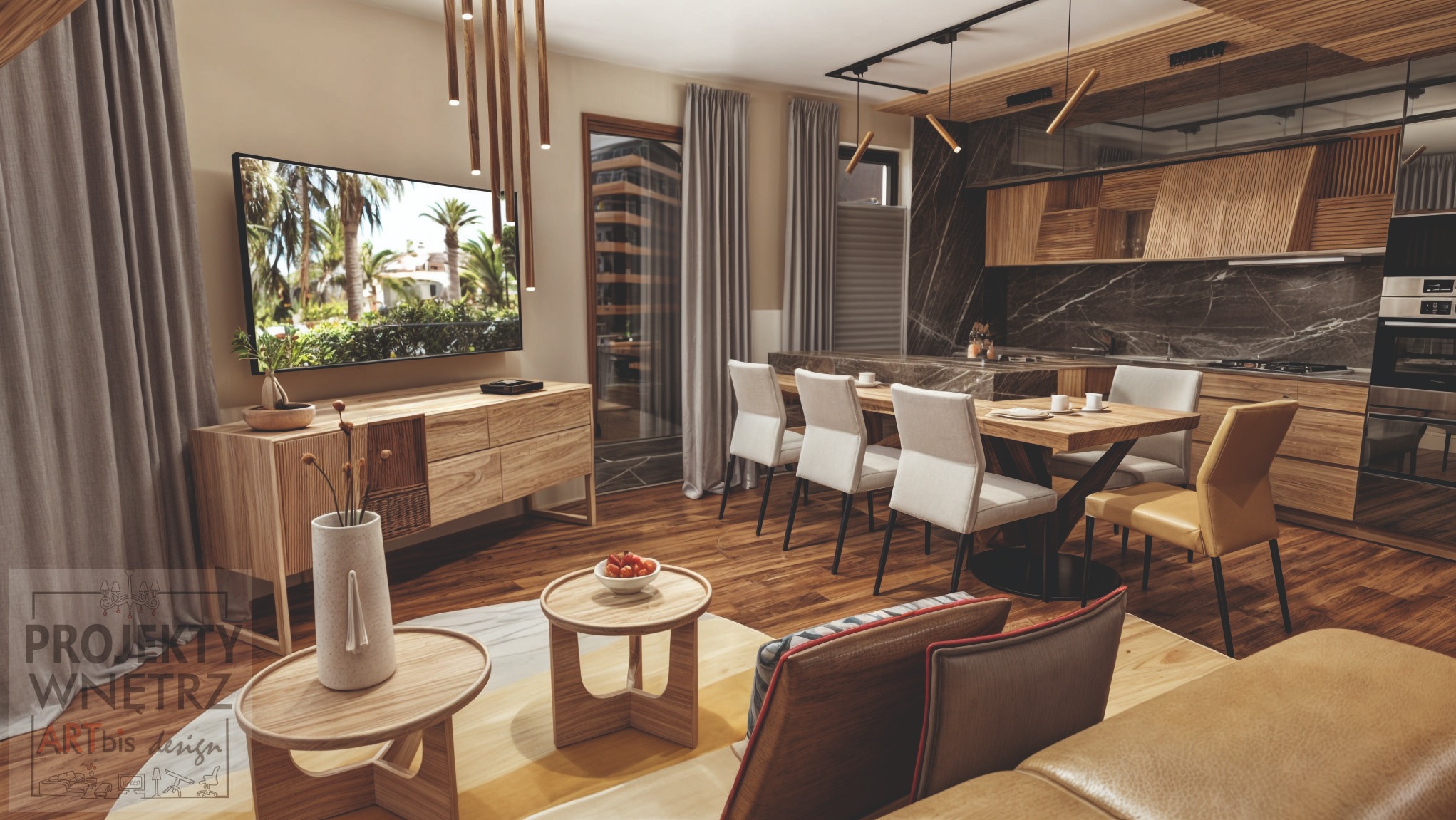 Wnętrze mieszkania w Gorlicach z drewnianą zabudową kuchenną, stołem jadalnianym, telewizorem i dekoracyjnymi lampami wiszącymi.