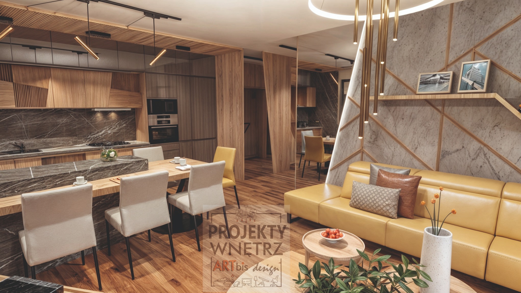 Nowoczesne wnętrze: otwarta kuchnia z marmurowym blatem i drewnianymi szafkami, połączona z salonem z żółtą skórzaną sofą i dekoracyjną marmurową ścianą z geometrycznym wzorem.